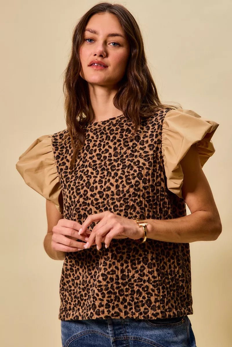 SO ME Leopard Pointelle Knit Top with Puff Sleeves - 