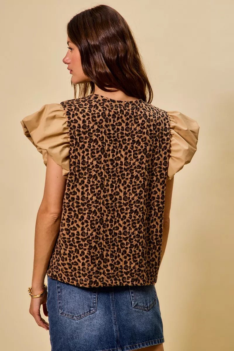 SO ME Leopard Pointelle Knit Top with Puff Sleeves - 