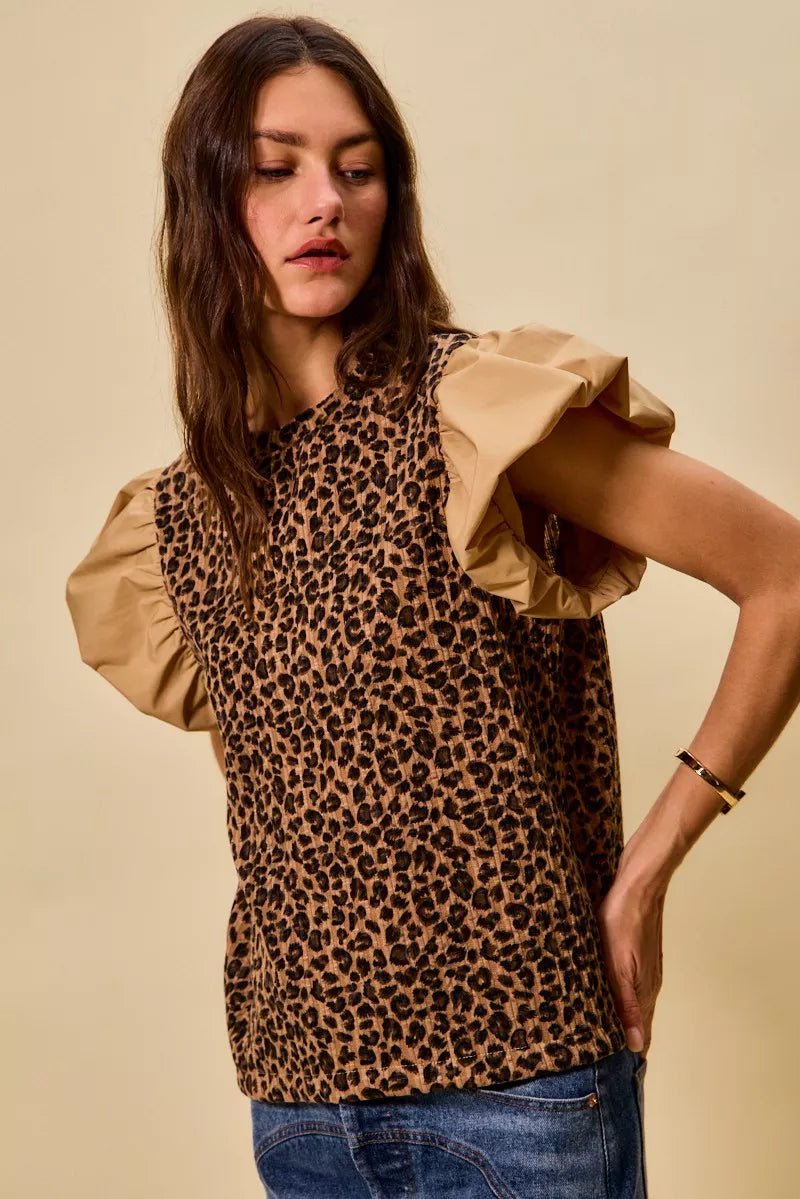 SO ME Leopard Pointelle Knit Top with Puff Sleeves - 