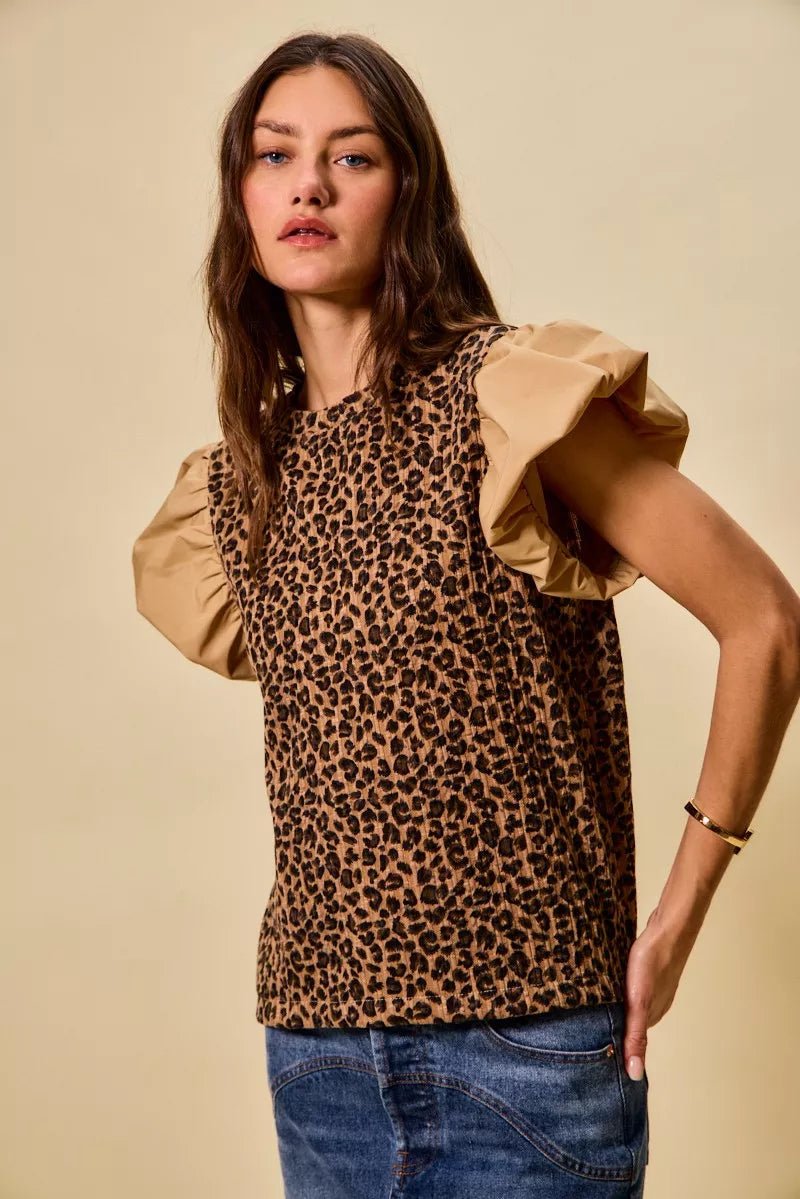 SO ME Leopard Pointelle Knit Top with Puff Sleeves - 