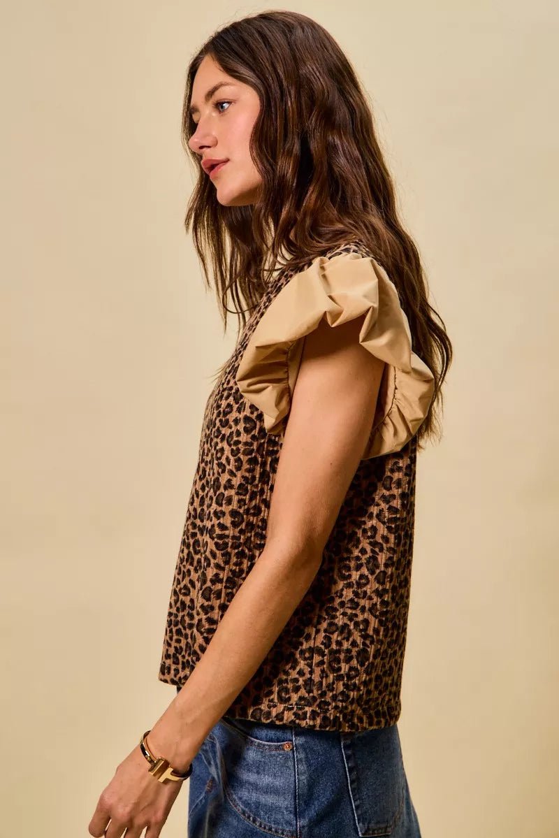 SO ME Leopard Pointelle Knit Top with Puff Sleeves - 