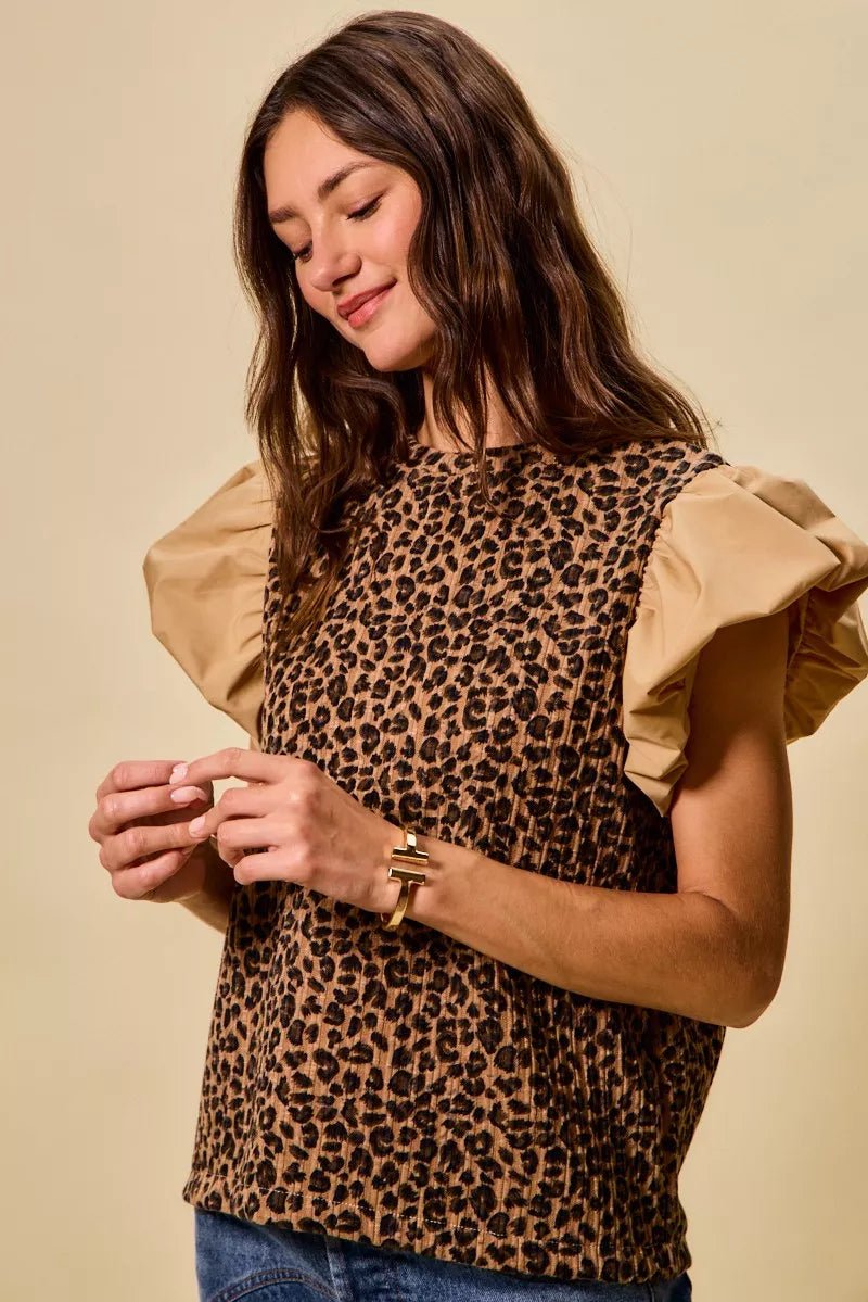 SO ME Leopard Pointelle Knit Top with Puff Sleeves - 