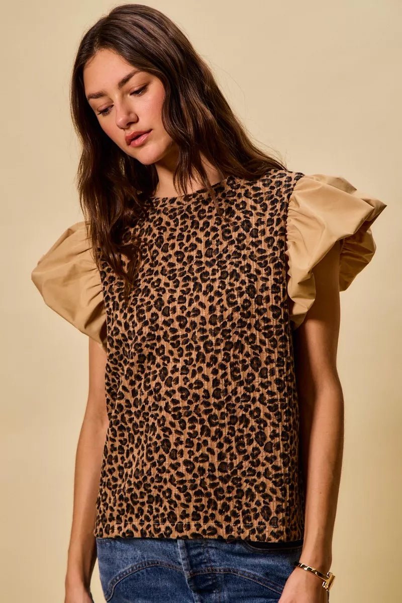 SO ME Leopard Pointelle Knit Top with Puff Sleeves - 