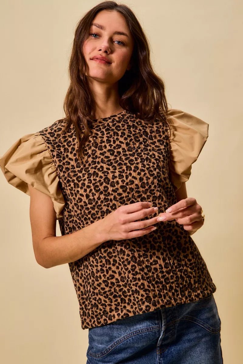 SO ME Leopard Pointelle Knit Top with Puff Sleeves - 