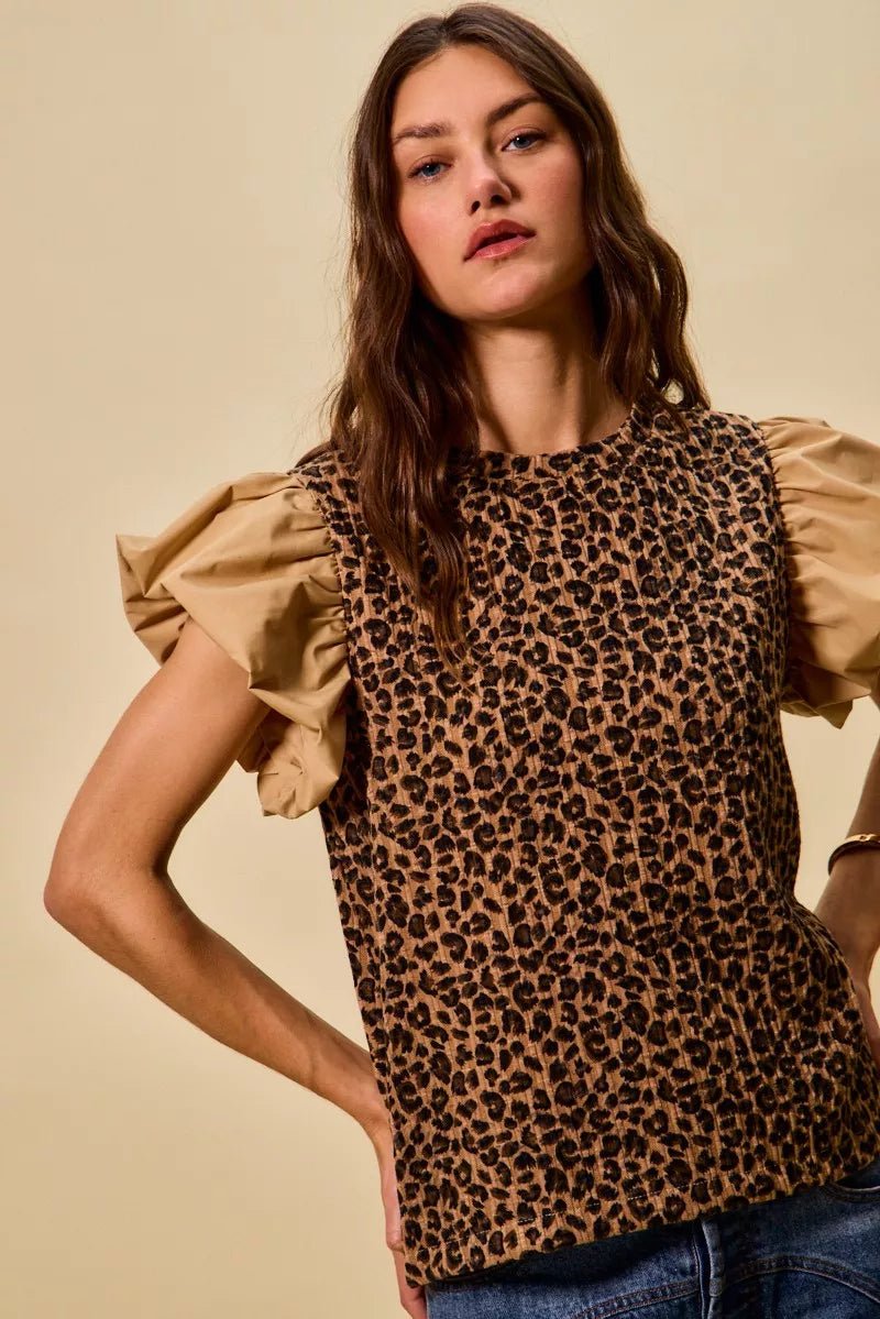SO ME Leopard Pointelle Knit Top with Puff Sleeves - 