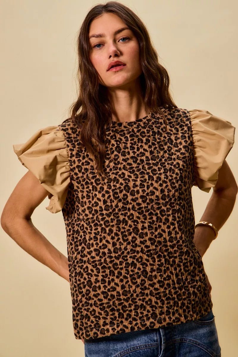 SO ME Leopard Pointelle Knit Top with Puff Sleeves - 