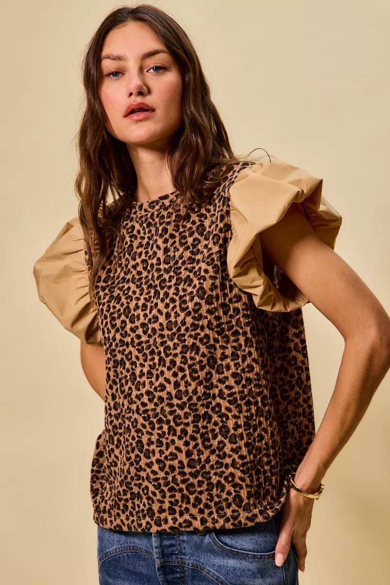 SO ME Leopard Pointelle Knit Top with Puff Sleeves - 