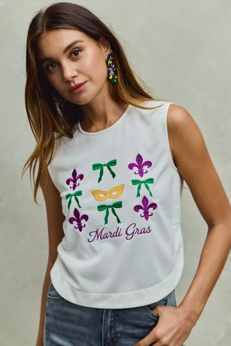 SO ME Mardi Gras Fleur De Lis And Ribbon Embroidered Top - 