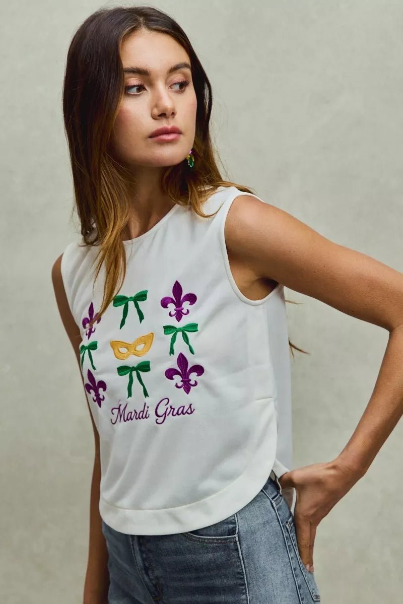SO ME Mardi Gras Fleur De Lis And Ribbon Embroidered Top - 