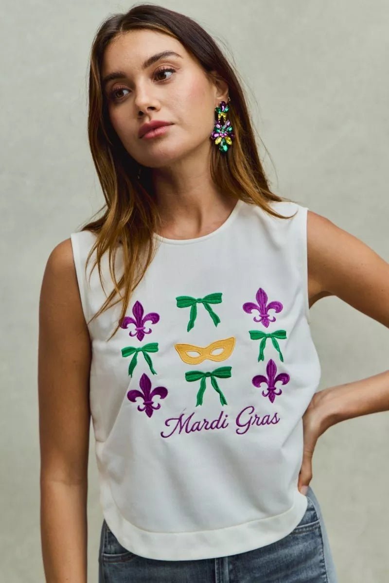SO ME Mardi Gras Fleur De Lis And Ribbon Embroidered Top - 