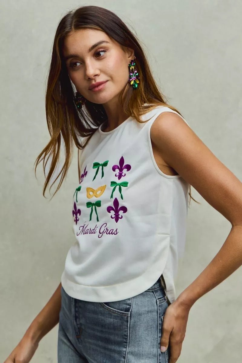 SO ME Mardi Gras Fleur De Lis And Ribbon Embroidered Top - 