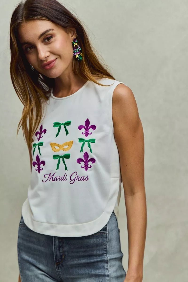 SO ME Mardi Gras Fleur De Lis And Ribbon Embroidered Top - 