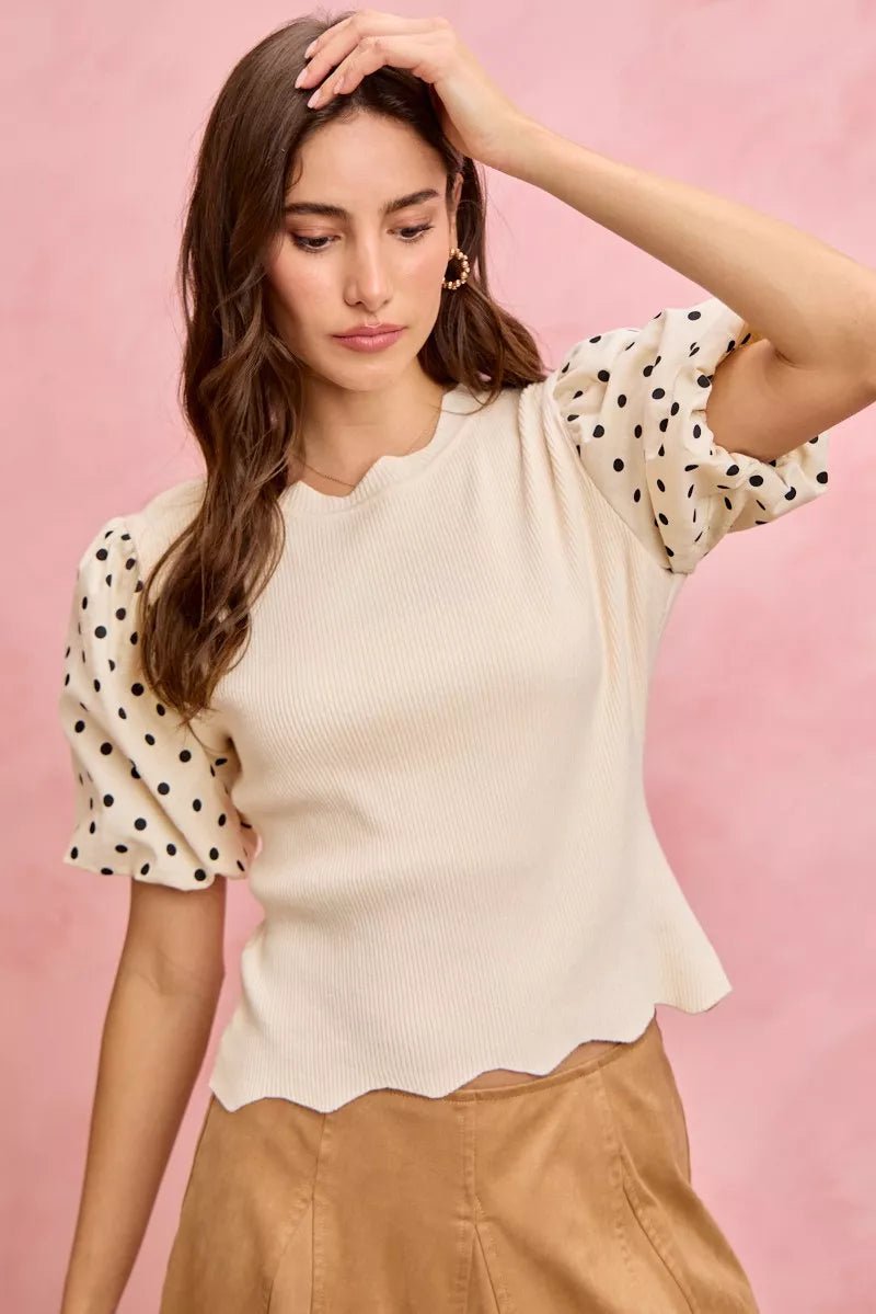 SO ME Polka Dot Contrast Woven Ballon Sleeve Blouse - 