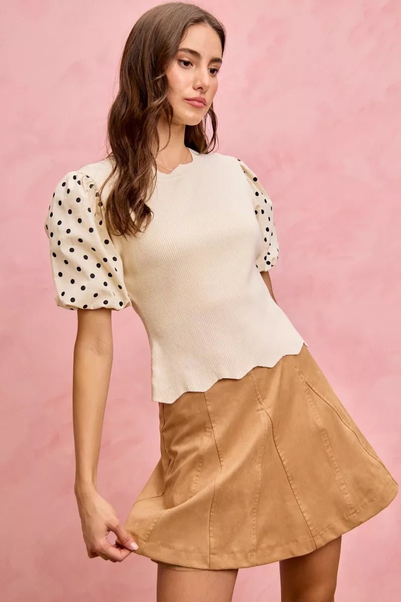 SO ME Polka Dot Contrast Woven Ballon Sleeve Blouse - 
