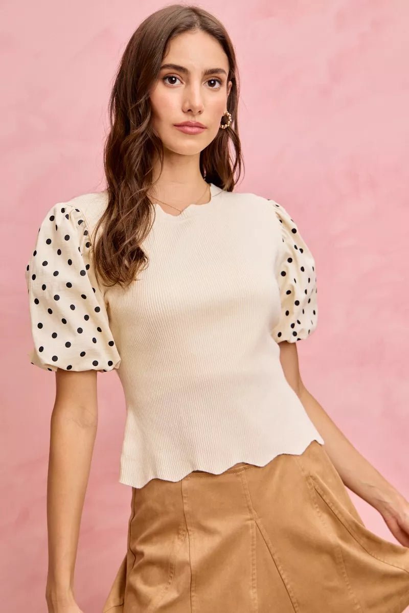 SO ME Polka Dot Contrast Woven Ballon Sleeve Blouse - 