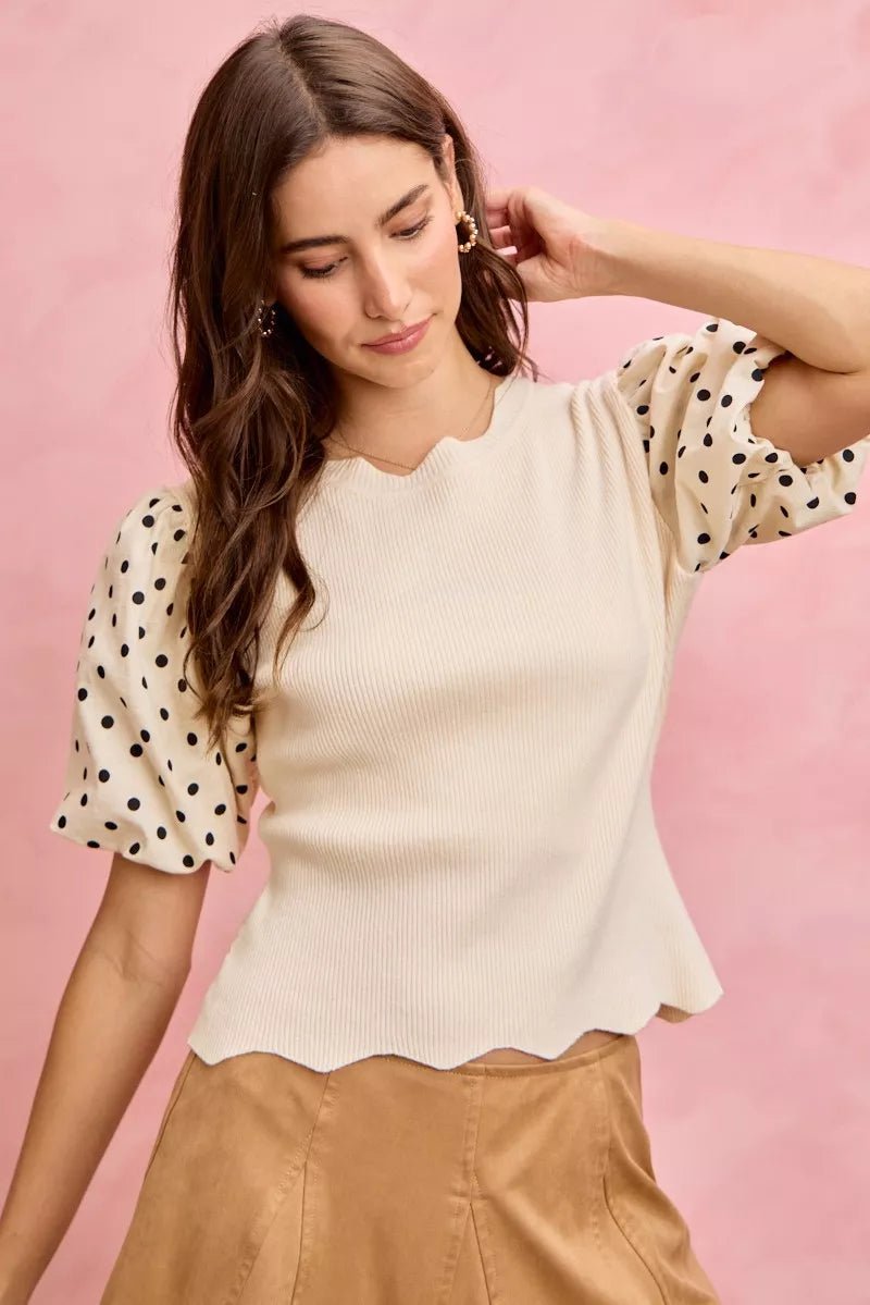 SO ME Polka Dot Contrast Woven Ballon Sleeve Blouse - 