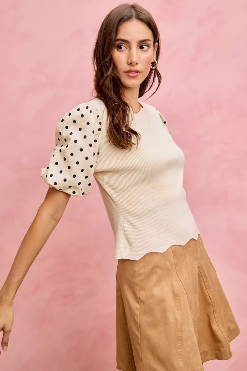 SO ME Polka Dot Contrast Woven Ballon Sleeve Blouse - 