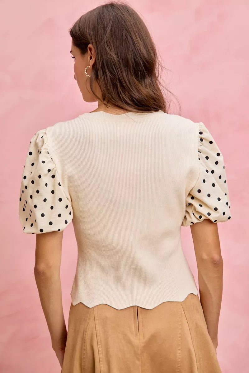 SO ME Polka Dot Contrast Woven Ballon Sleeve Blouse - 