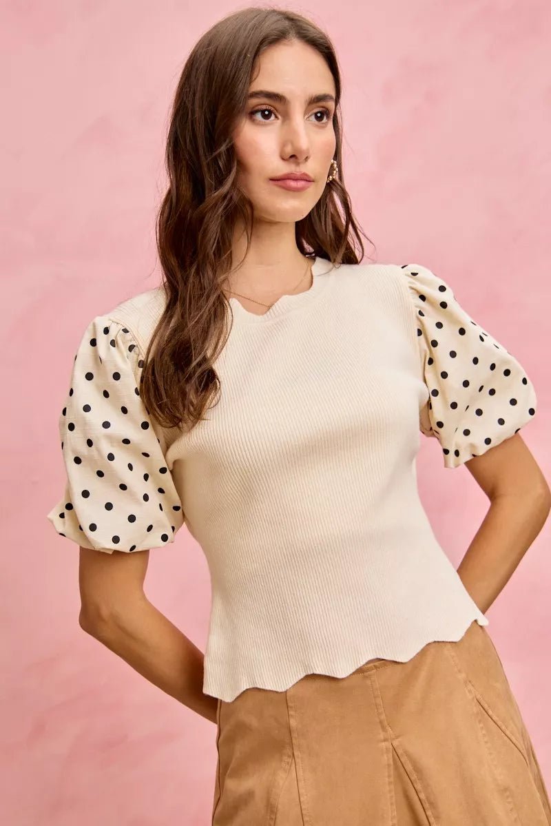 SO ME Polka Dot Contrast Woven Ballon Sleeve Blouse - 