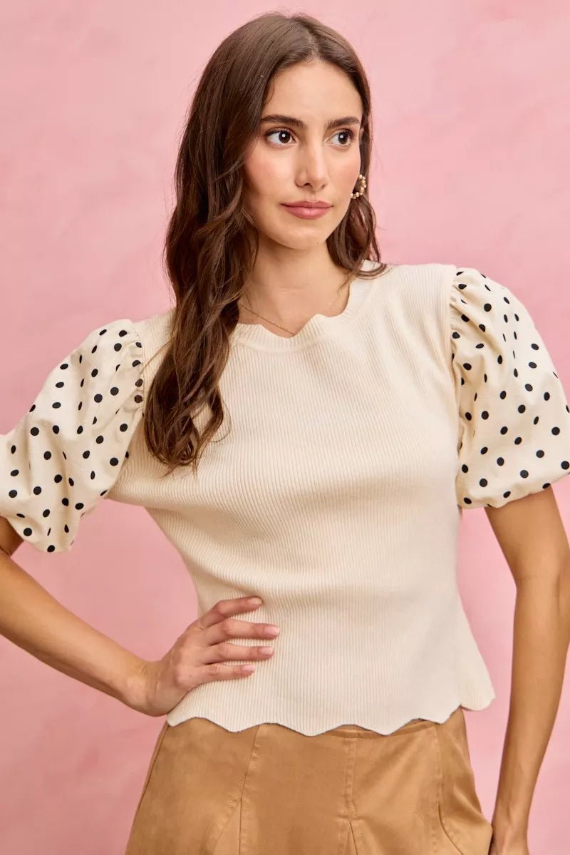 SO ME Polka Dot Contrast Woven Ballon Sleeve Blouse - 