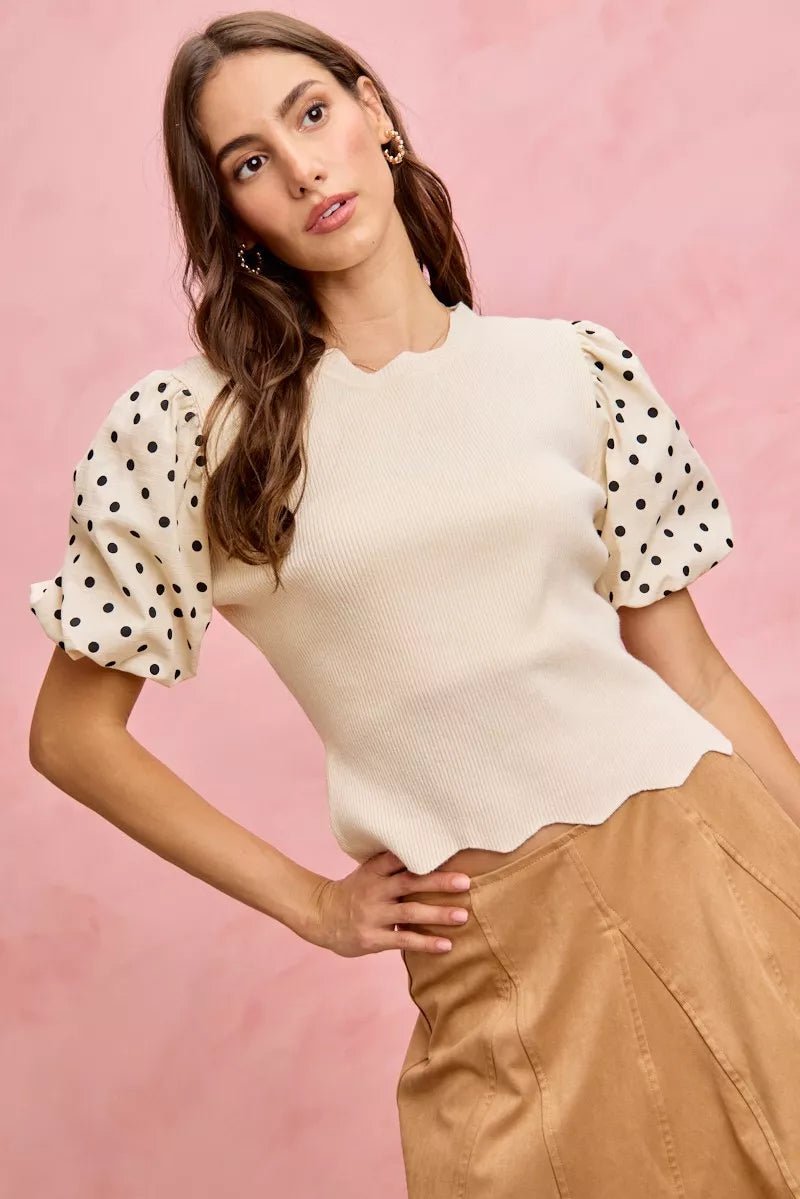 SO ME Polka Dot Contrast Woven Ballon Sleeve Blouse - 