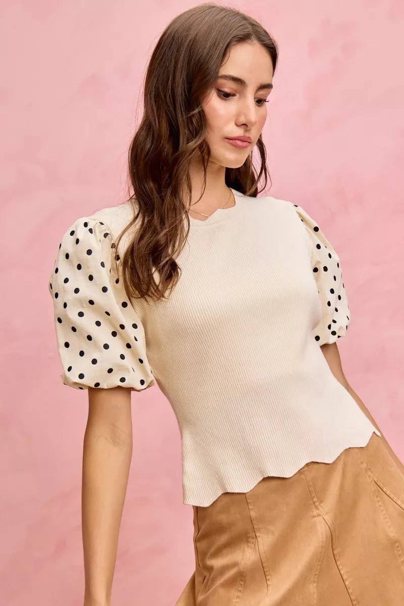 SO ME Polka Dot Contrast Woven Ballon Sleeve Blouse - 
