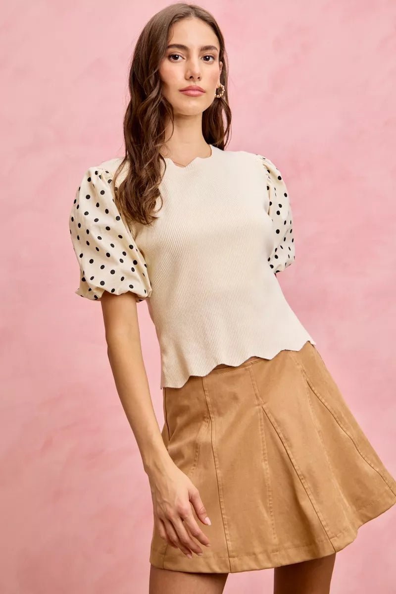 SO ME Polka Dot Contrast Woven Ballon Sleeve Blouse - 