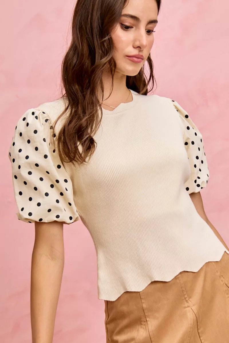 SO ME Polka Dot Contrast Woven Ballon Sleeve Blouse - 