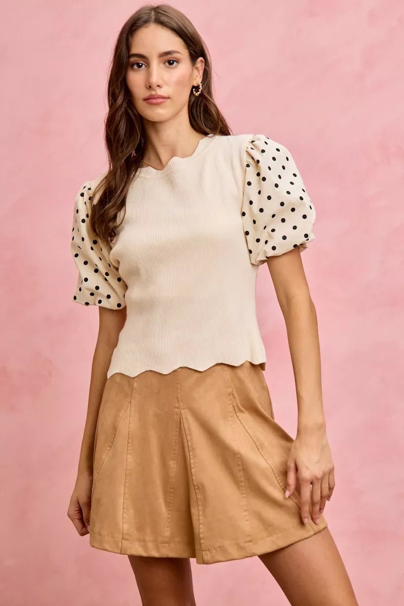 SO ME Polka Dot Contrast Woven Ballon Sleeve Blouse - 
