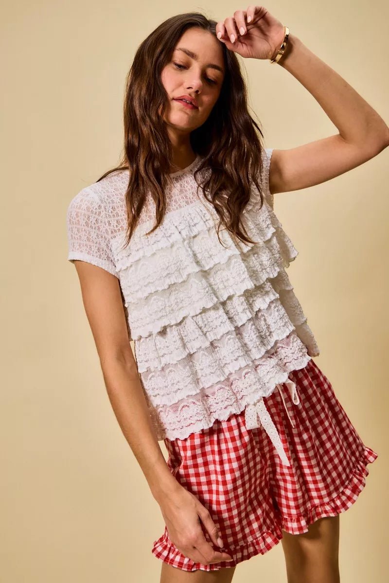 SO ME Ruffle Tiered Stretch Lace Short Sleeves Knit Top - 