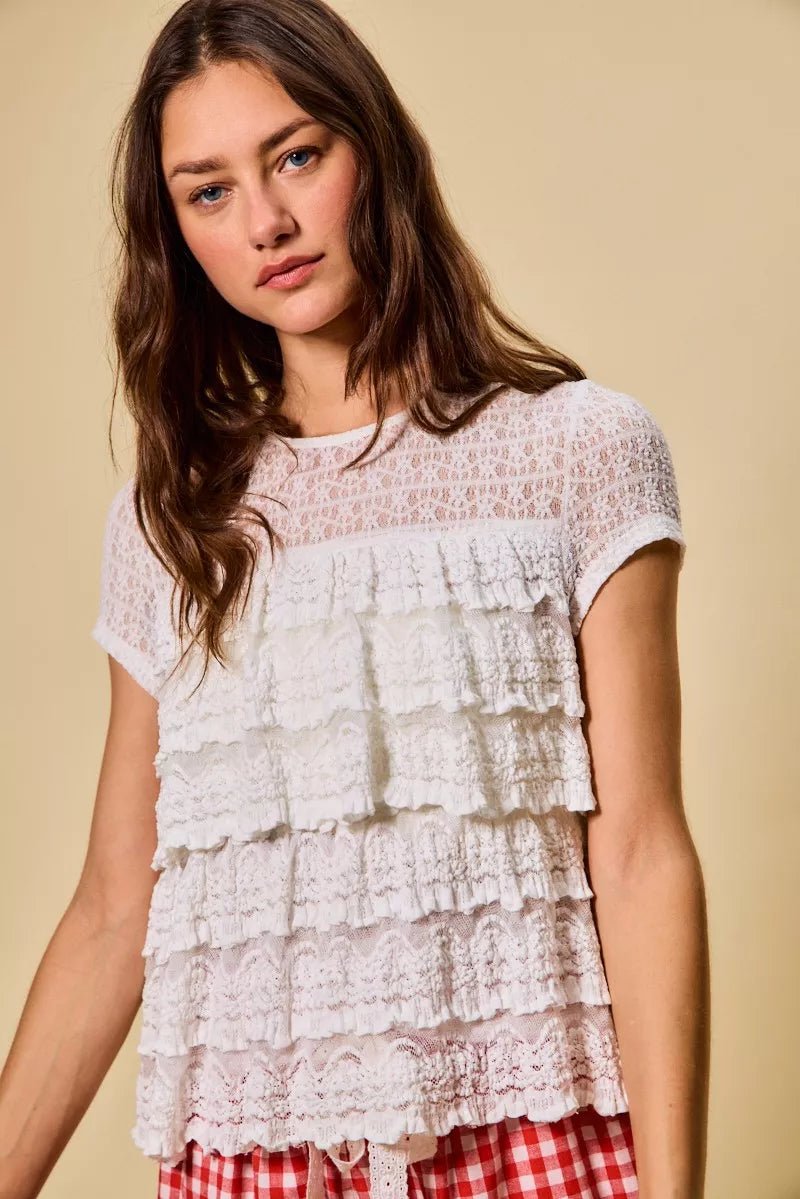 SO ME Ruffle Tiered Stretch Lace Short Sleeves Knit Top - 