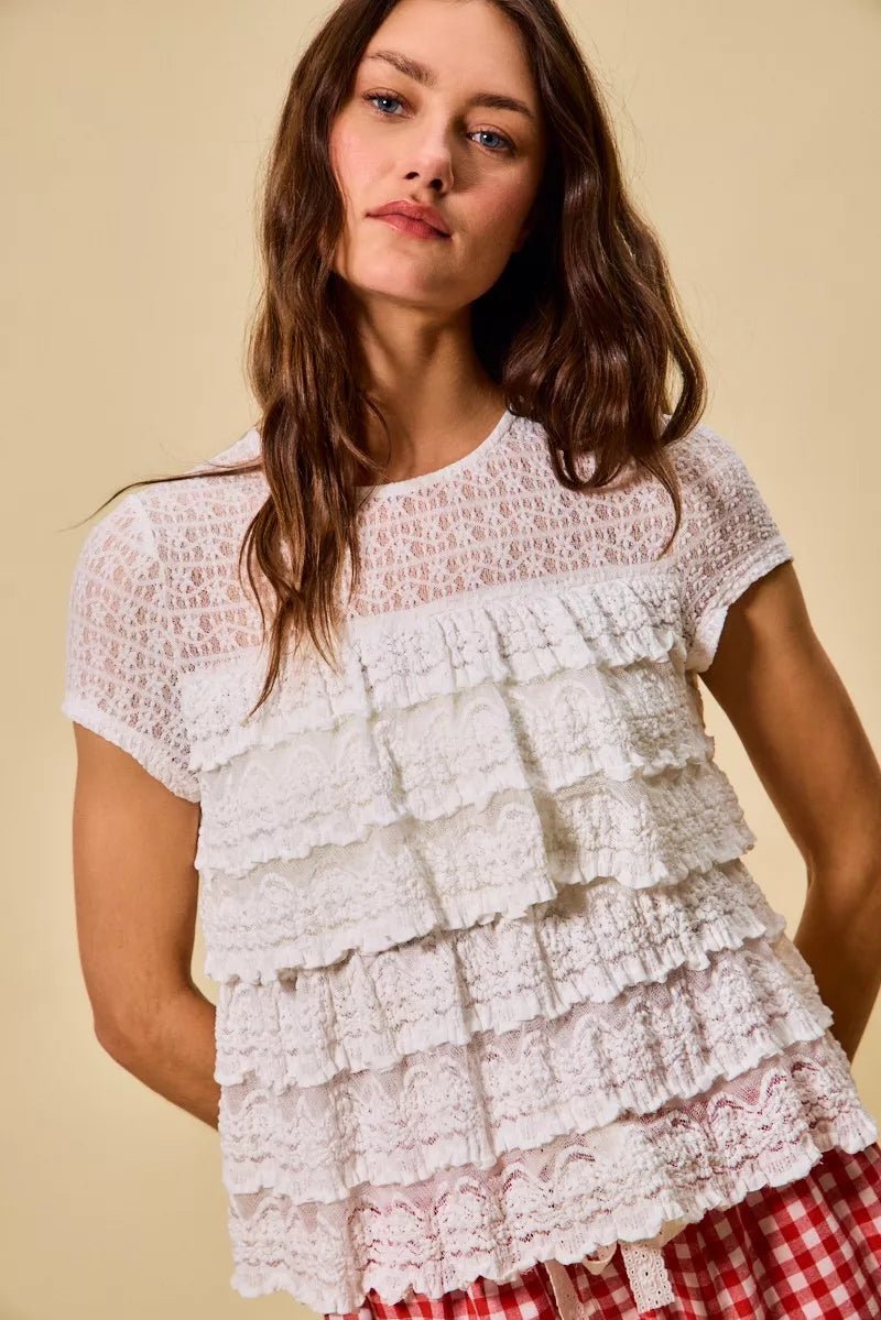 SO ME Ruffle Tiered Stretch Lace Short Sleeves Knit Top - 