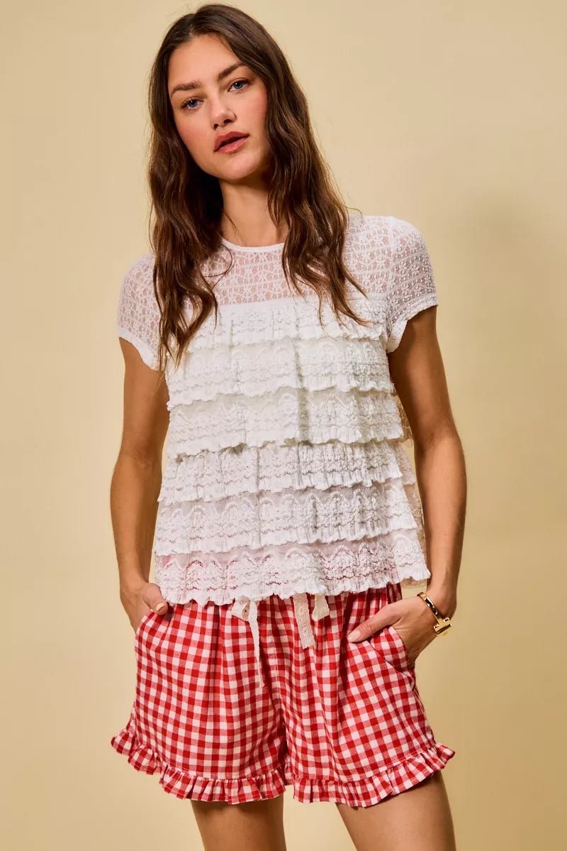 SO ME Ruffle Tiered Stretch Lace Short Sleeves Knit Top - 