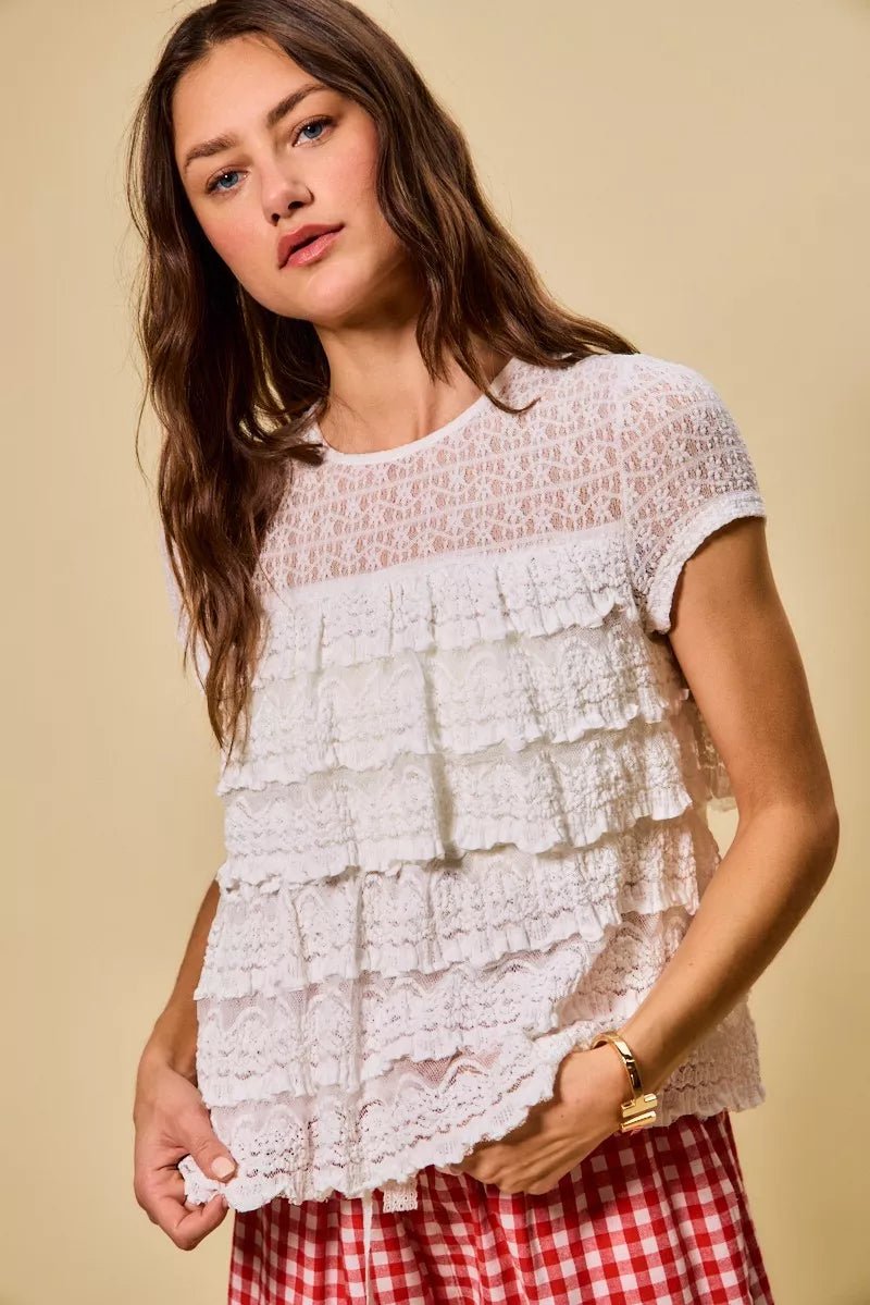 SO ME Ruffle Tiered Stretch Lace Short Sleeves Knit Top - 