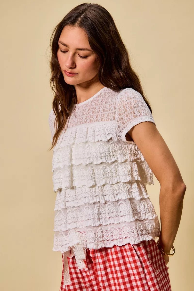 SO ME Ruffle Tiered Stretch Lace Short Sleeves Knit Top - 