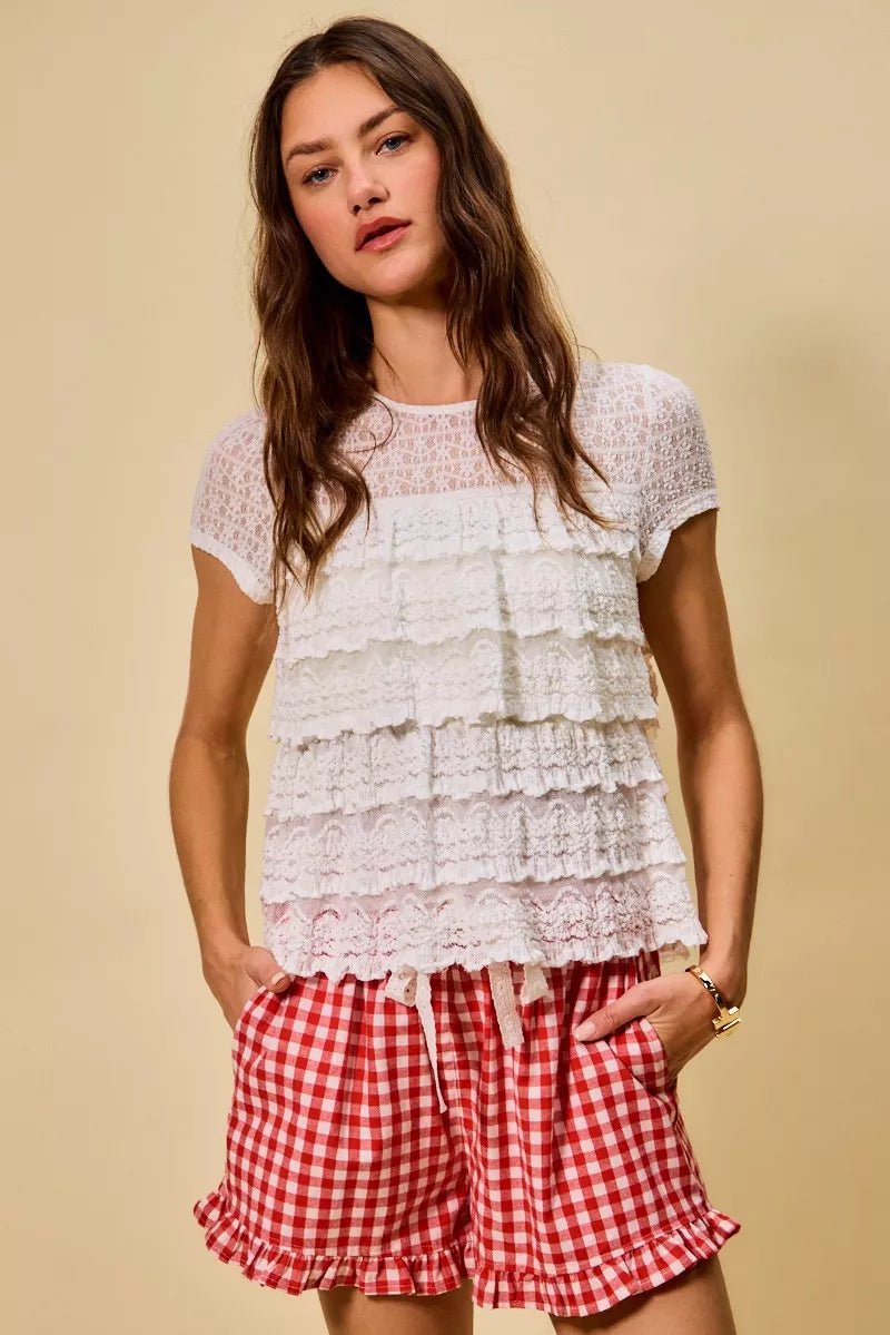 SO ME Ruffle Tiered Stretch Lace Short Sleeves Knit Top - 