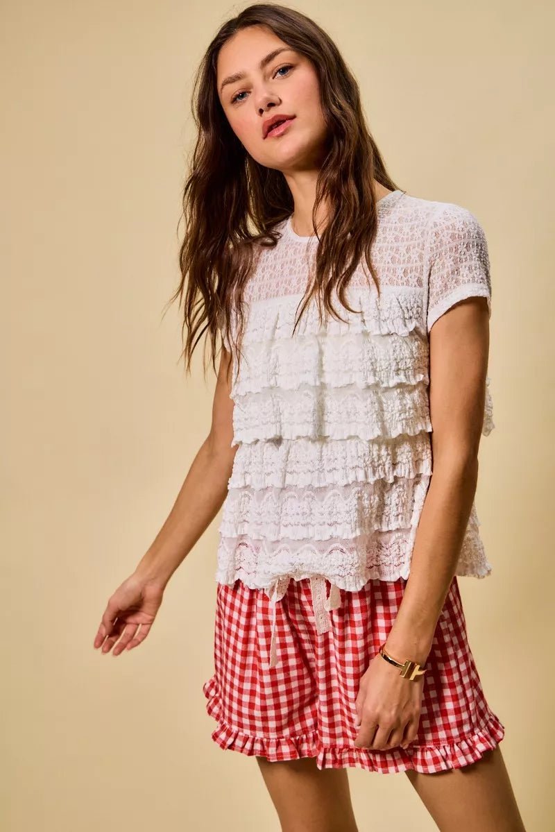 SO ME Ruffle Tiered Stretch Lace Short Sleeves Knit Top - 