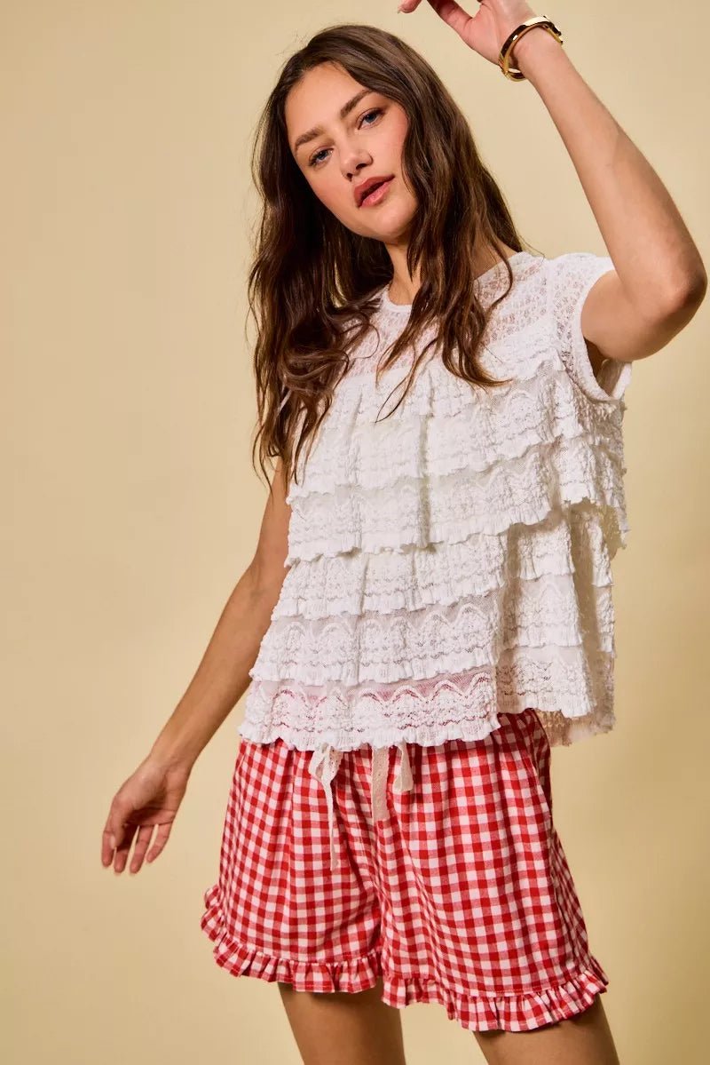 SO ME Ruffle Tiered Stretch Lace Short Sleeves Knit Top - 