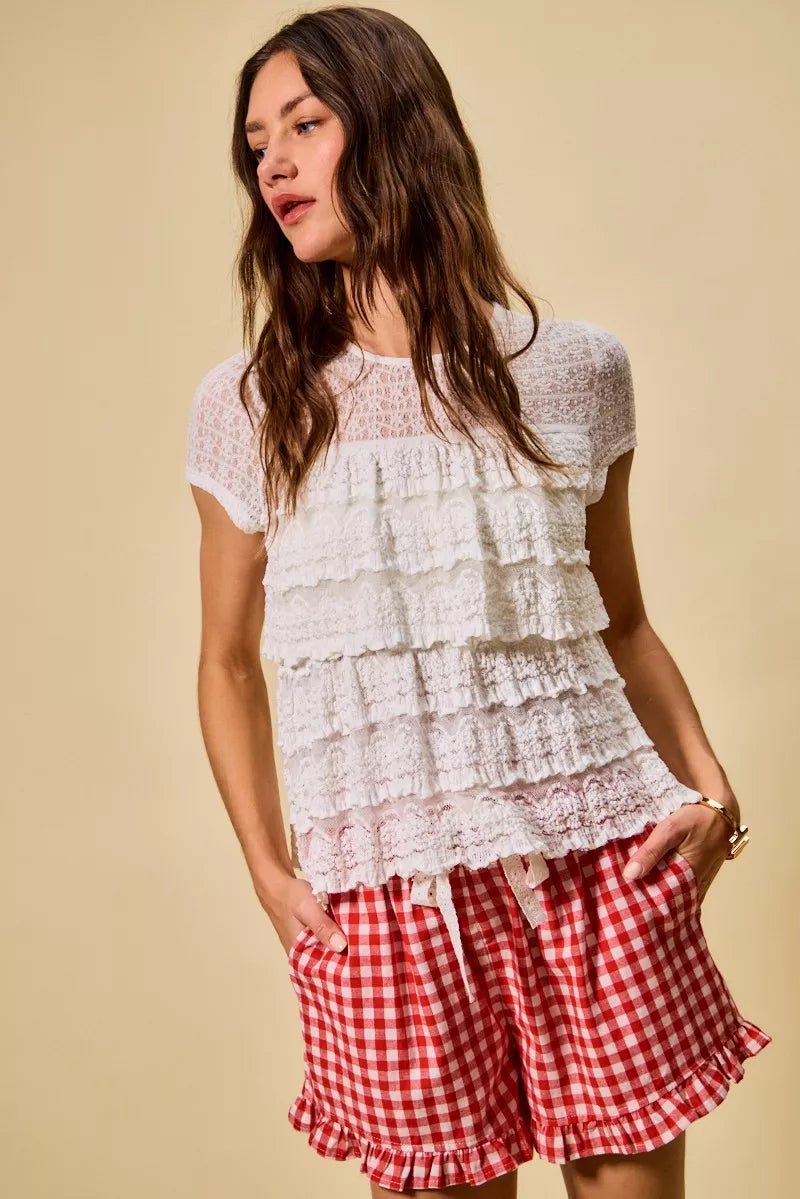 SO ME Ruffle Tiered Stretch Lace Short Sleeves Knit Top - 