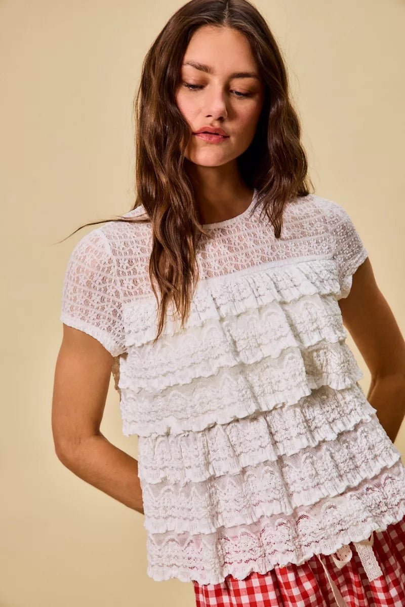 SO ME Ruffle Tiered Stretch Lace Short Sleeves Knit Top - 