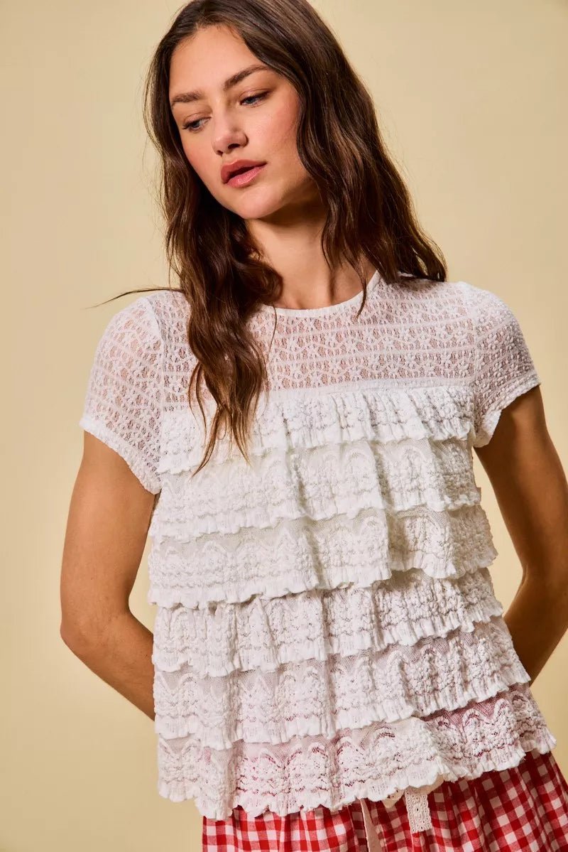 SO ME Ruffle Tiered Stretch Lace Short Sleeves Knit Top - 