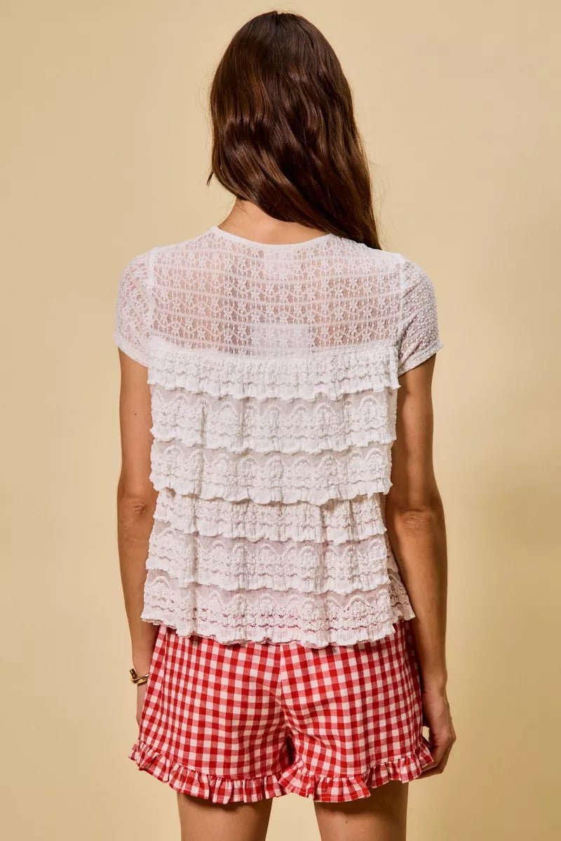 SO ME Ruffle Tiered Stretch Lace Short Sleeves Knit Top - 