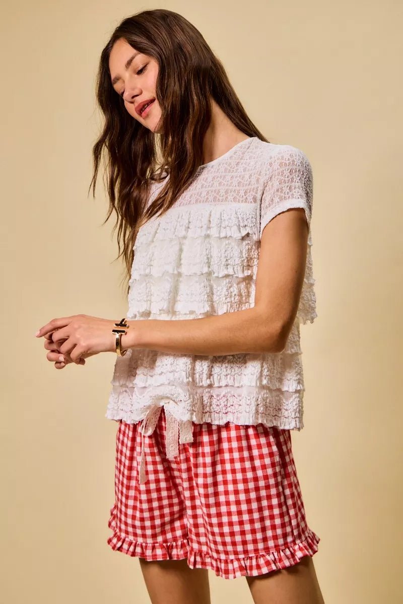 SO ME Ruffle Tiered Stretch Lace Short Sleeves Knit Top - 