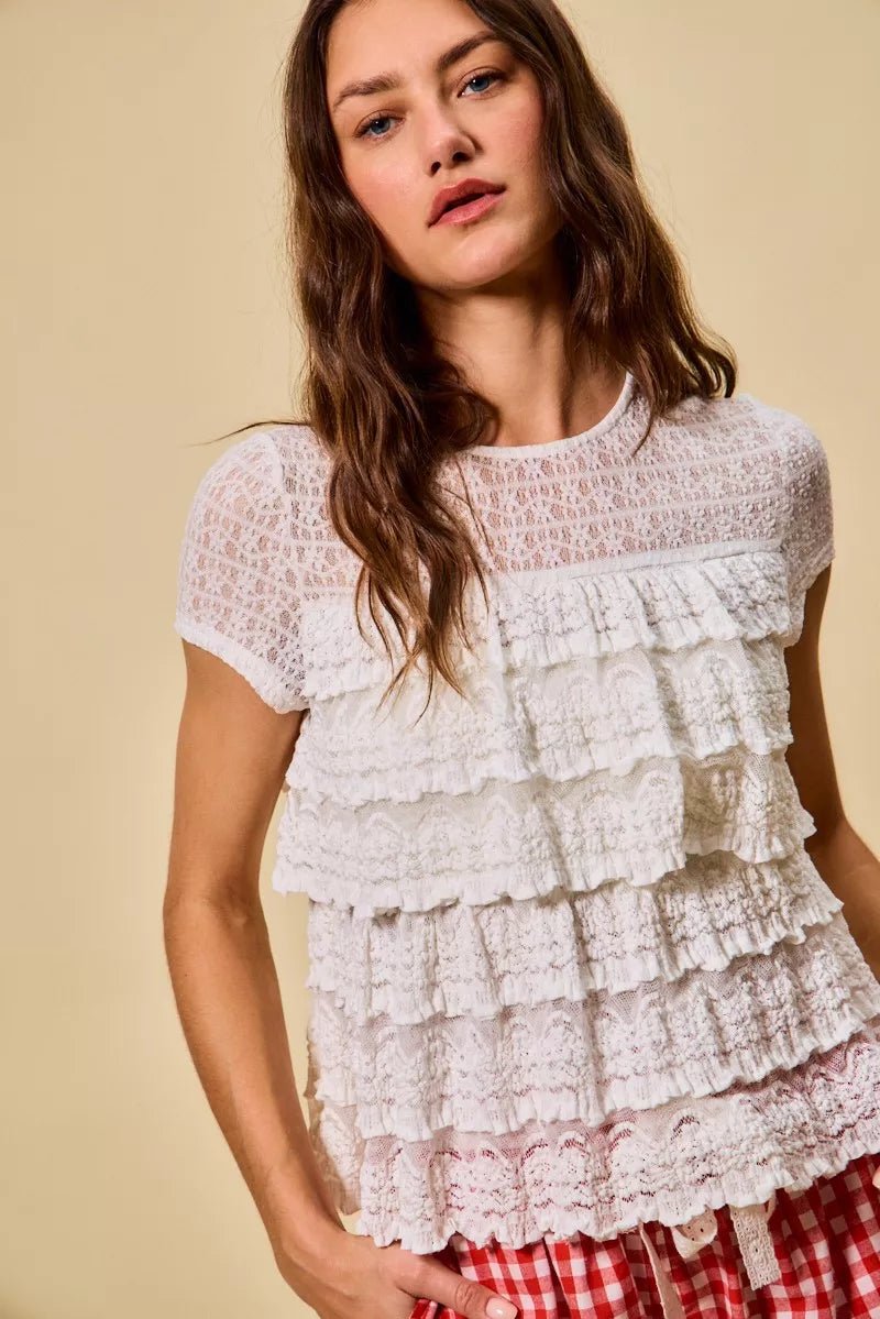 SO ME Ruffle Tiered Stretch Lace Short Sleeves Knit Top - 