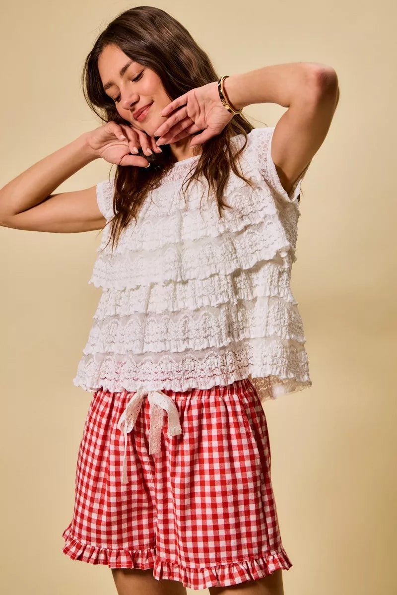 SO ME Ruffle Tiered Stretch Lace Short Sleeves Knit Top - 