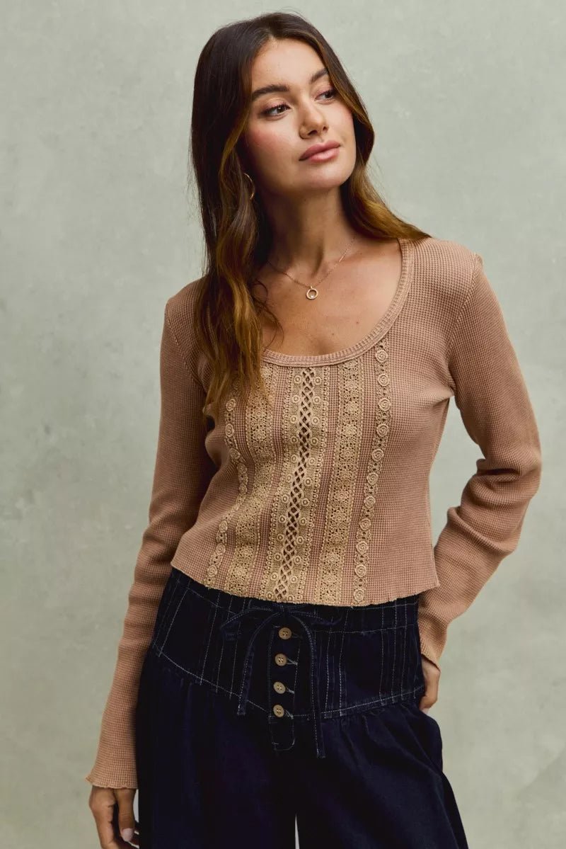 SO ME Vintage Washed Lace Crop Thermal Washed Knit Top - 