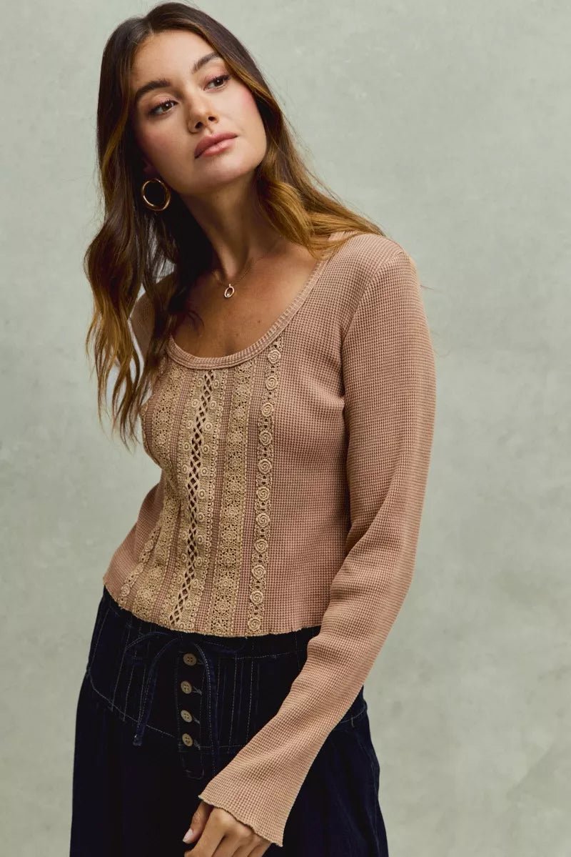 SO ME Vintage Washed Lace Crop Thermal Washed Knit Top - 