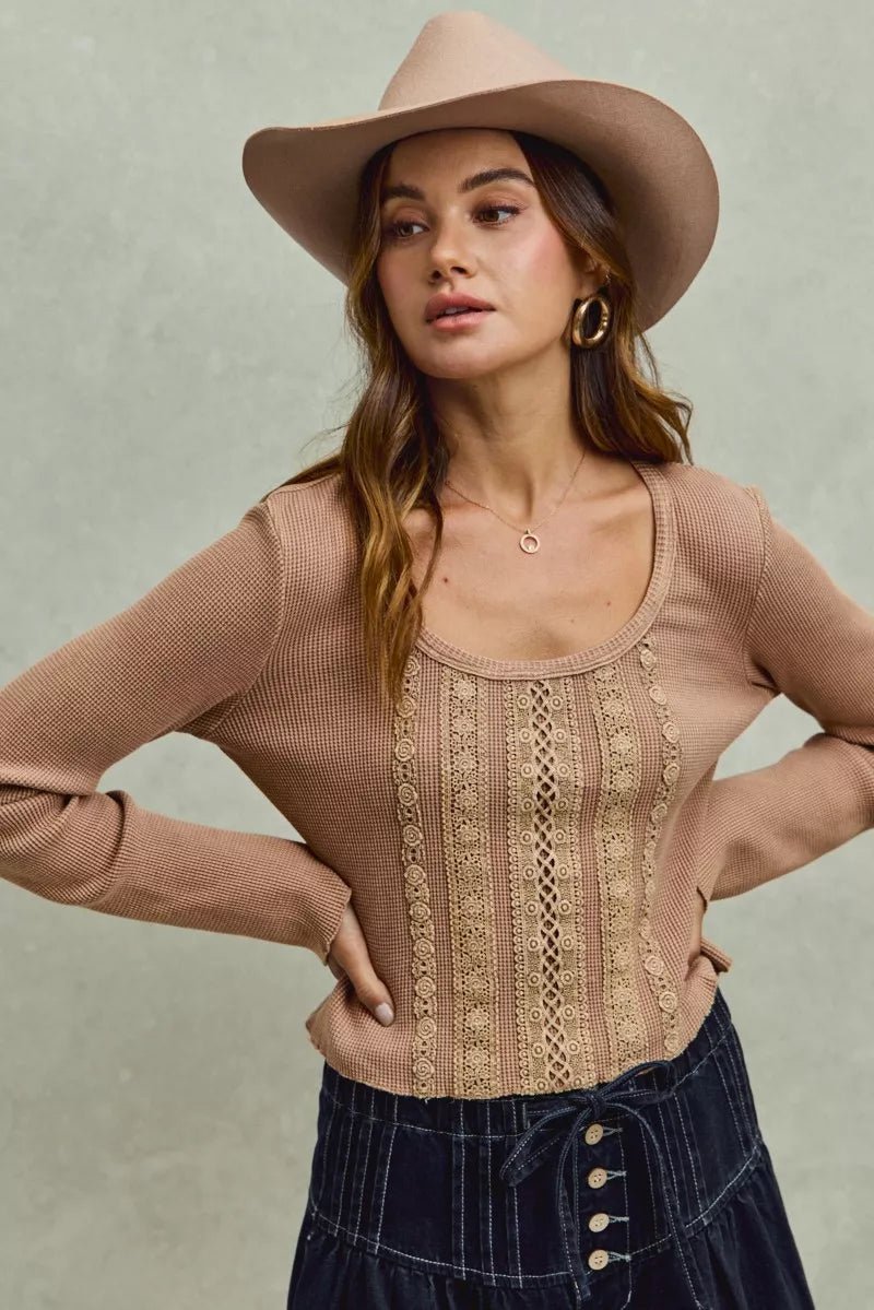 SO ME Vintage Washed Lace Crop Thermal Washed Knit Top - 