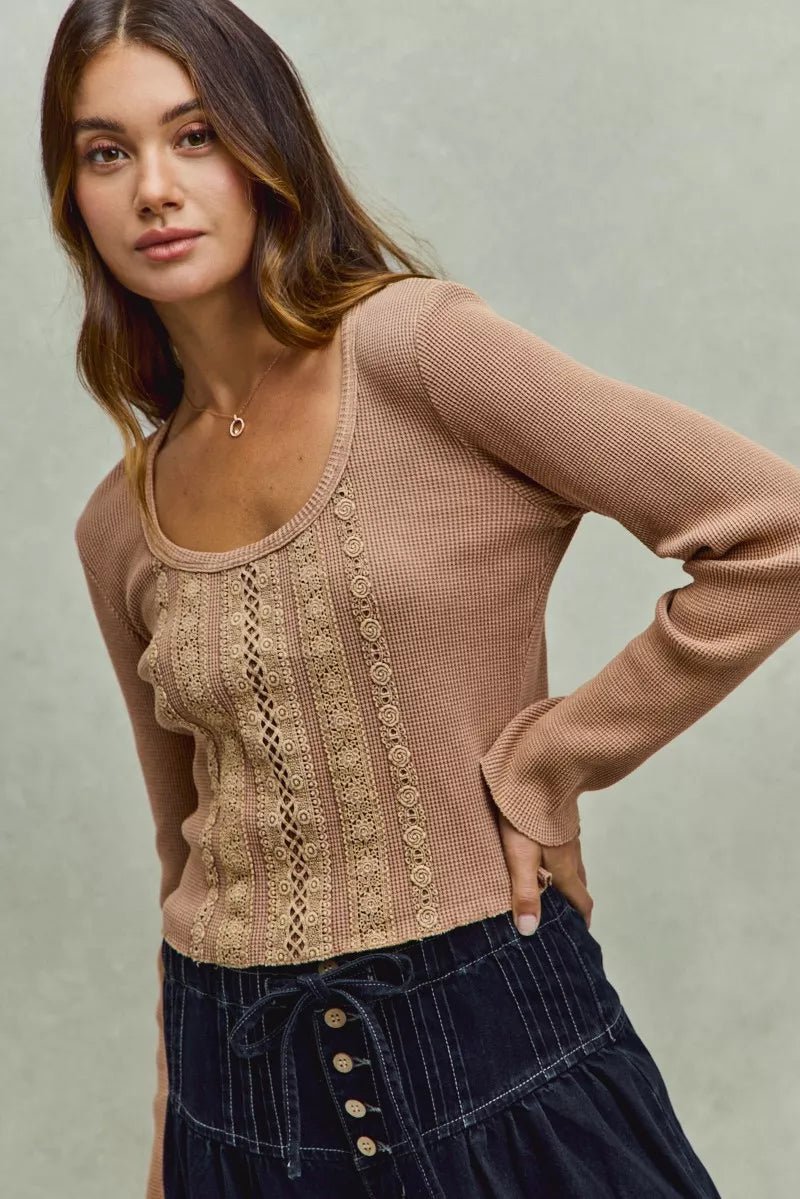 SO ME Vintage Washed Lace Crop Thermal Washed Knit Top - 