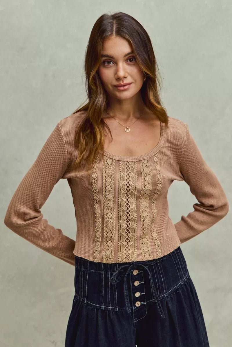 SO ME Vintage Washed Lace Crop Thermal Washed Knit Top - 